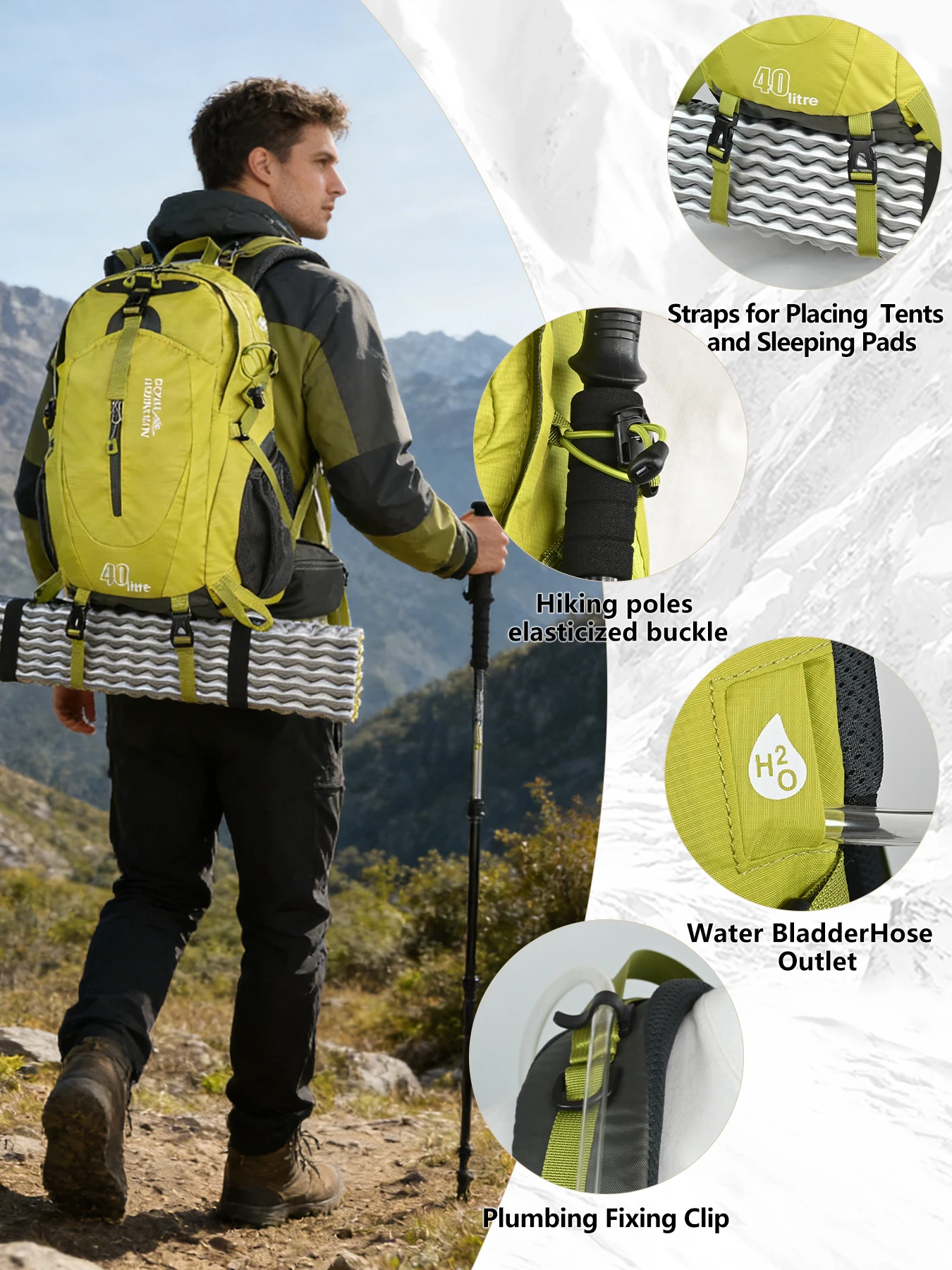 40L Outdoor-Wanderrucksack, Bergsteigen, leicht, atmungsaktiv, funktionell, vorne offene Tasche, wasserabweisende Nylontasche – Detail 3