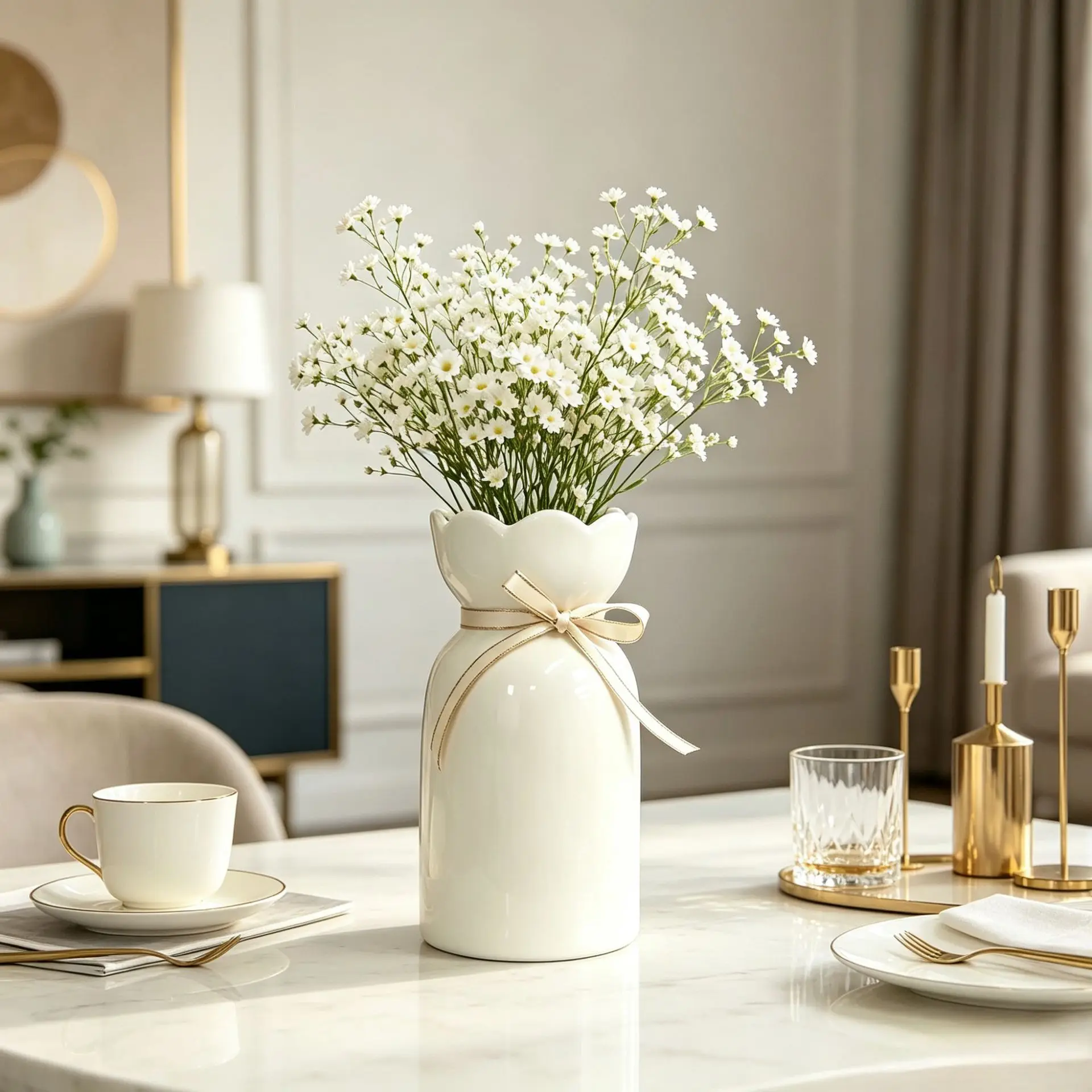 Minimalist White Ceramic Flower Vase Nordic Ins Style High-end Home Living Room Tabletop Decor