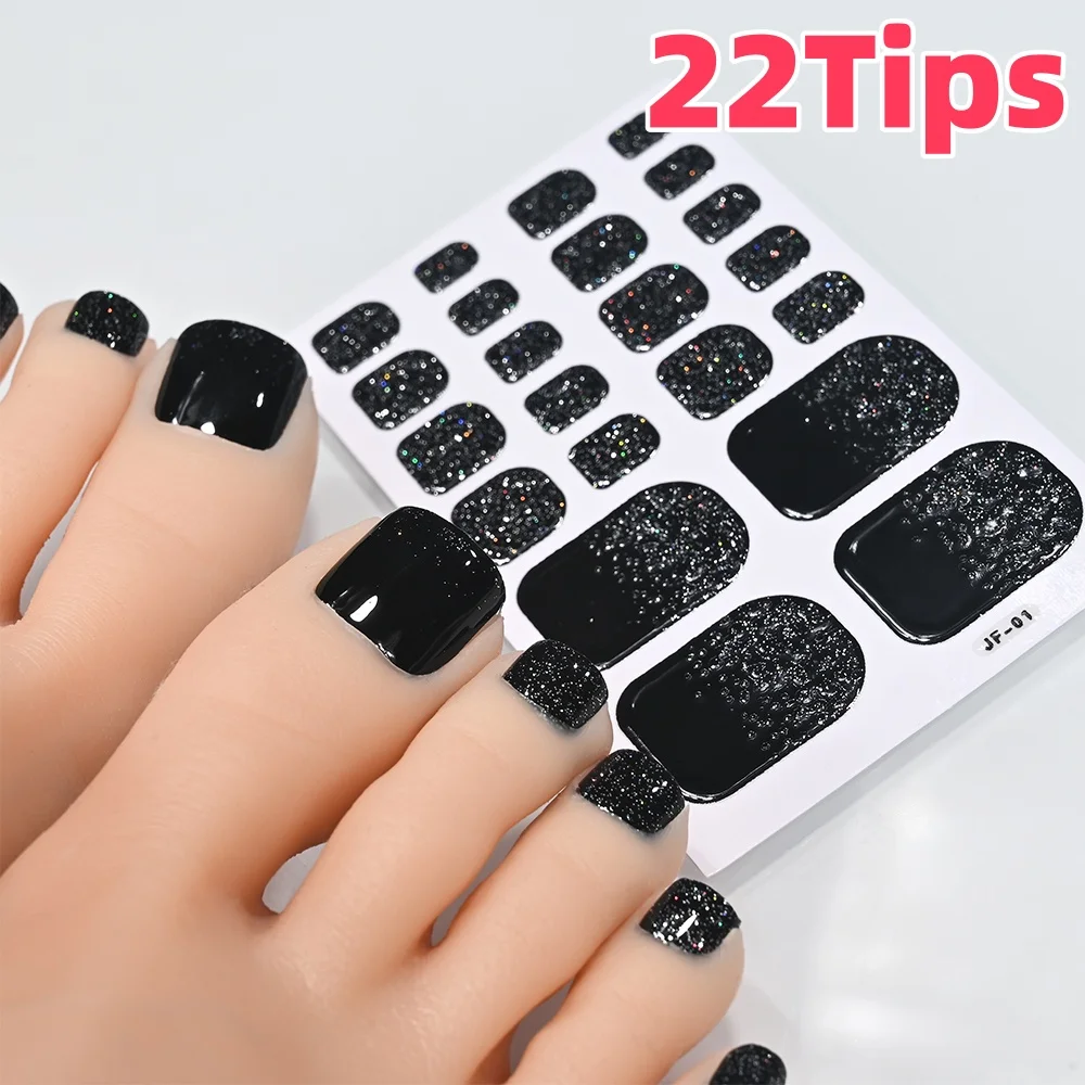 22Tips/Sheet Black Glitter Toe Nail Stickers Full Cover Self-Adhesive Toe Wraps Solid Color Toenails Polish Strips for DIY Foot