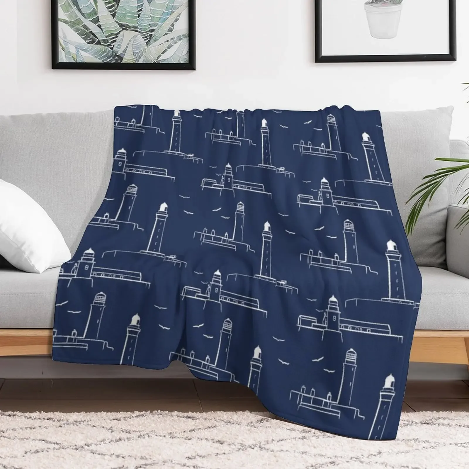 Lighthouses Pattern Version 2 - White on Dark Blue Throw Blanket Bed covers Decorative Sofa Blankets