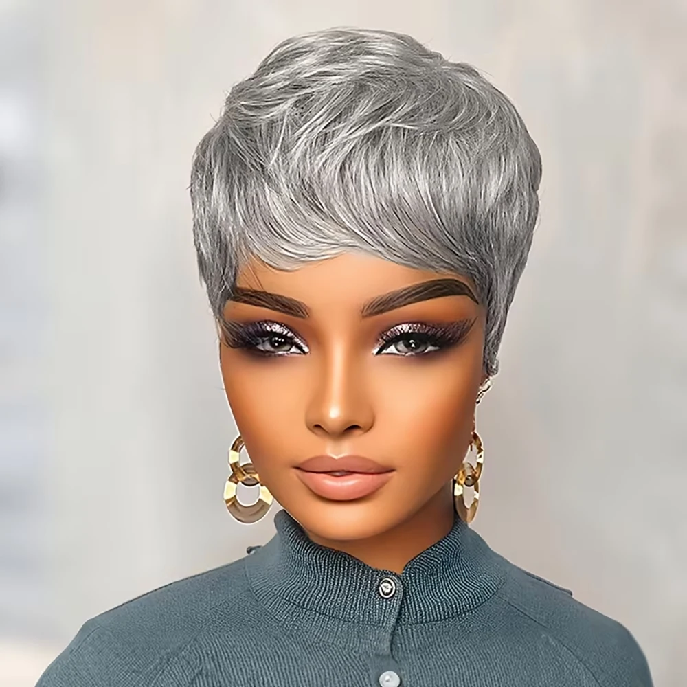 رمادي قصير عابث قطع شعر مستعار شعر طبيعي مفرود الباروكات مع الانفجارات قبل قطعها للنساء الطبقات البرازيلي شعر ريمي آلة صنع قبعة