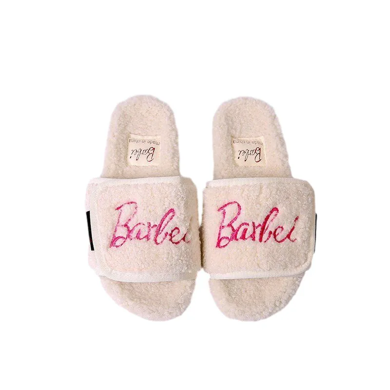 Cartoon Fashion Barbie Autumn and Winter Thick-Soled Fur Slippers for Girls, Cute and Versatile Hot Girl Lamb Wool Flip-Flops