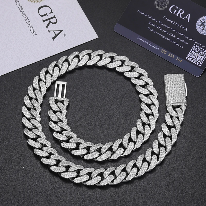 Diamond Pass 100% Tester 15mm Moissanite Iced Out Cuban Link Chain Luxury 925 Sterling Silver Lab Grown Gemstone Neck Chain..