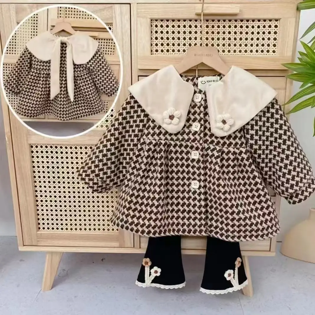 Girls' Woolen Coat Autumn Winter Foreign air Little Child Thousand Bird Lattice Girl Baby With Wool Thick Woolen Winter Coat