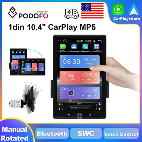 Podofo 1din CarPlay MP5 Player 1 DIN Rotatable Car Radio Multimedia Player BT FM Stereo Receiver For KIA Ford VW Nissan Toyota