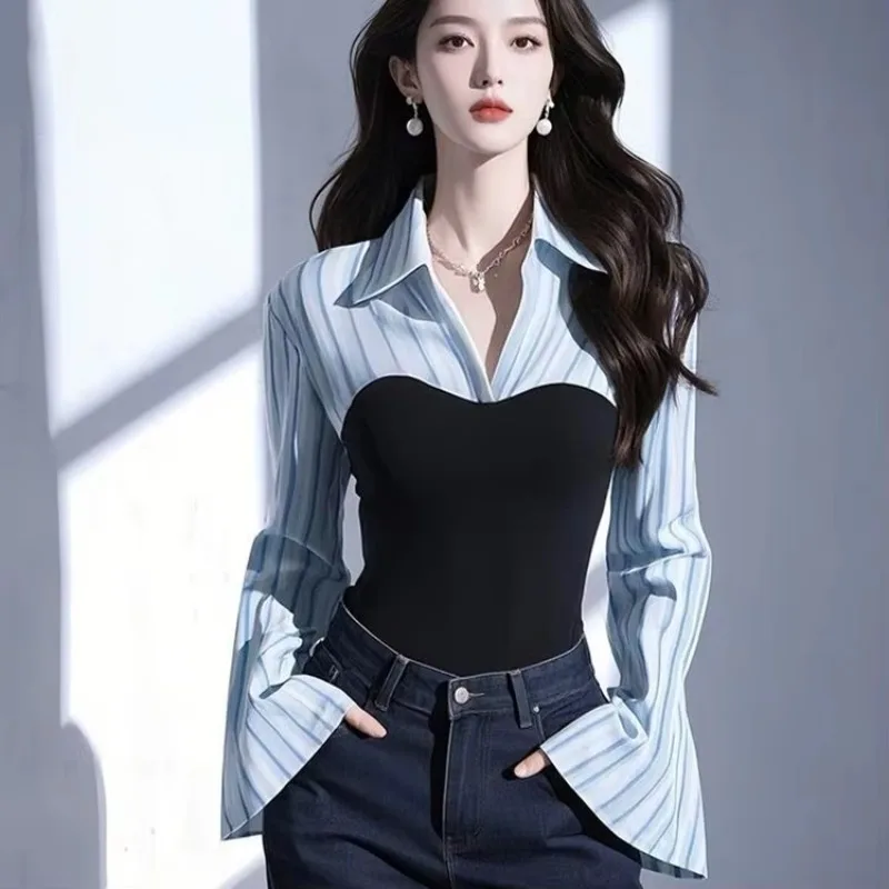 

Blue Striped Patchwork Shirt For Women Fashion Two Piece Spring New Blouses Y2k Flare Sleeve Red Blusas De Mujer