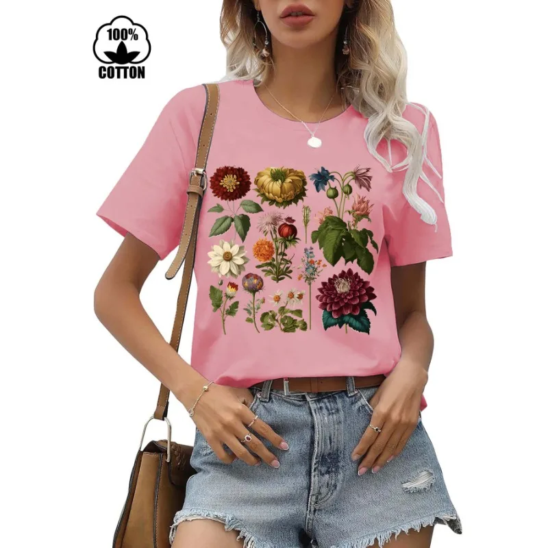100% Cotton Vintage Botanical Wildflower Print Women T Shirt Round Neck Short Sleeve Summer Casual Floral Graphic Cotton Tees