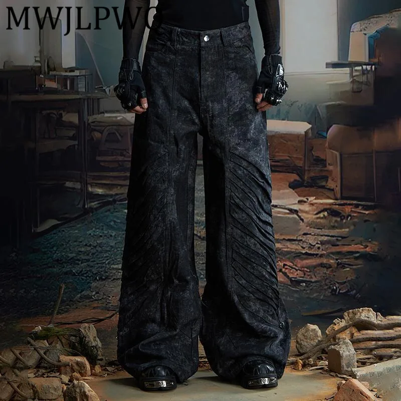 

MWJLPWQ Dark Heavy Industry Deconstructed Double Layer Jeans Men Structure Spliced Frayed Tassel Distressed Wide Leg Pants 11935