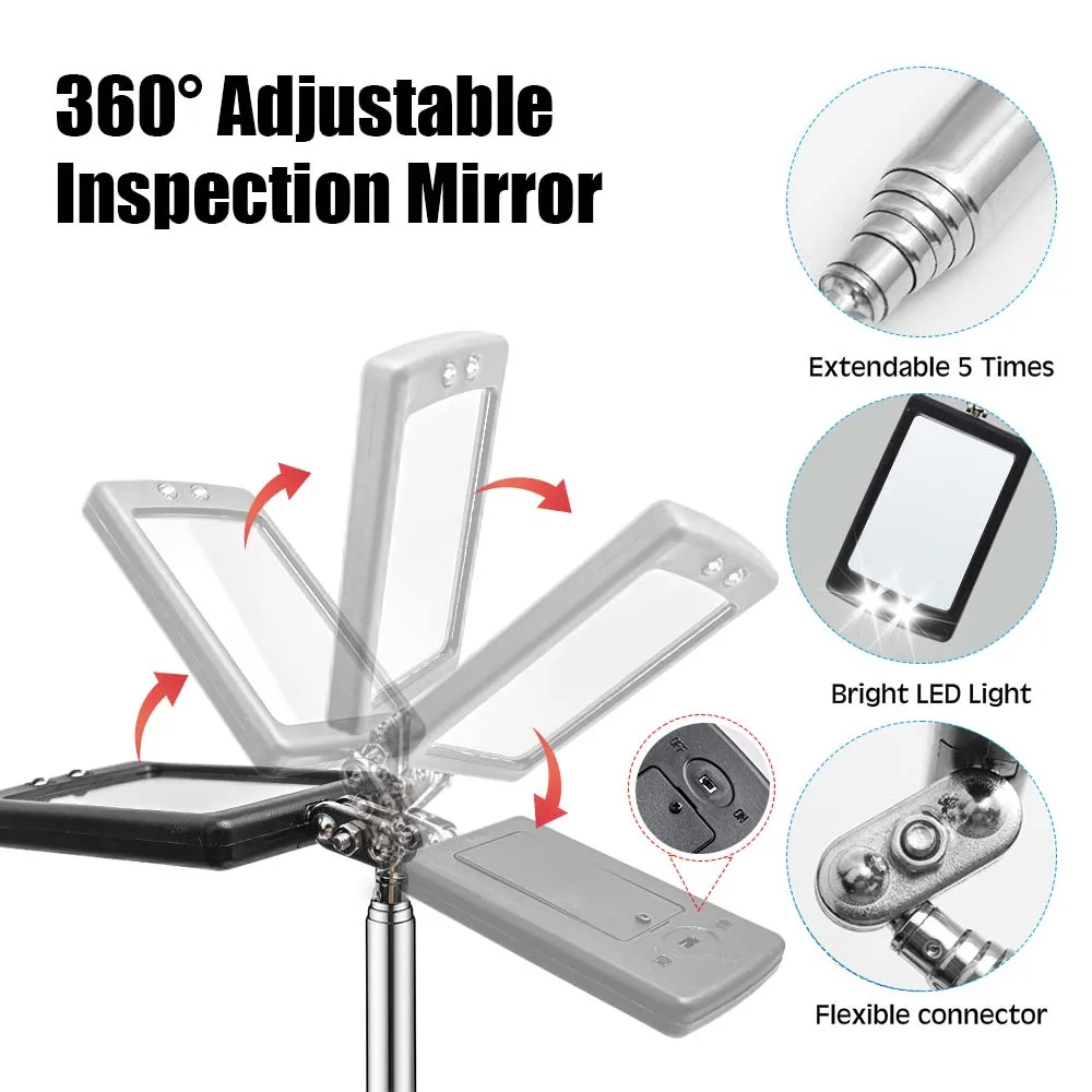 Black Undercar Inspection Universal Telescopic Folding Visitation Mirror  LED Light Magnification Inspection Mirrors Cars Tools