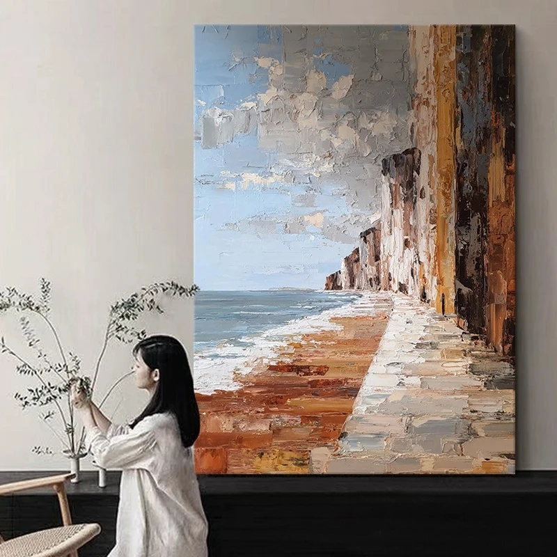 Coastline pure hand-painted oil painting light luxury living room decorative painting texture porch American retro hangin