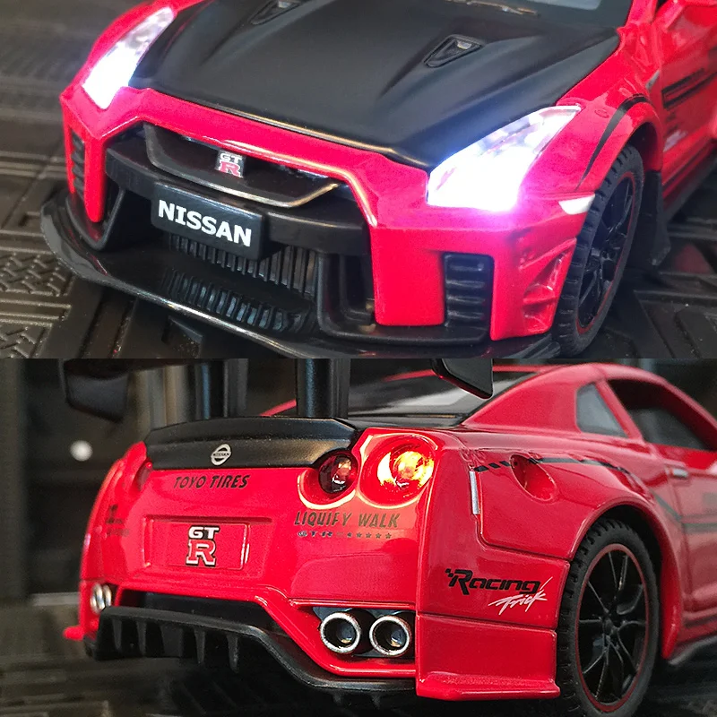 1:32 Nissan GTR35 racing alloy car model pull-back acousto-optic toy door and hood trunk can be opened.