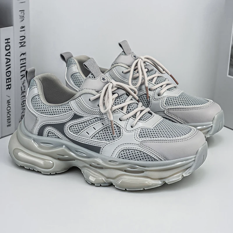 Men 2026 New Beige Chunky Dad Sneakers Breathable Mesh Platform Shoes Non-slip Soft Sole for Daily Walking School Outdoor