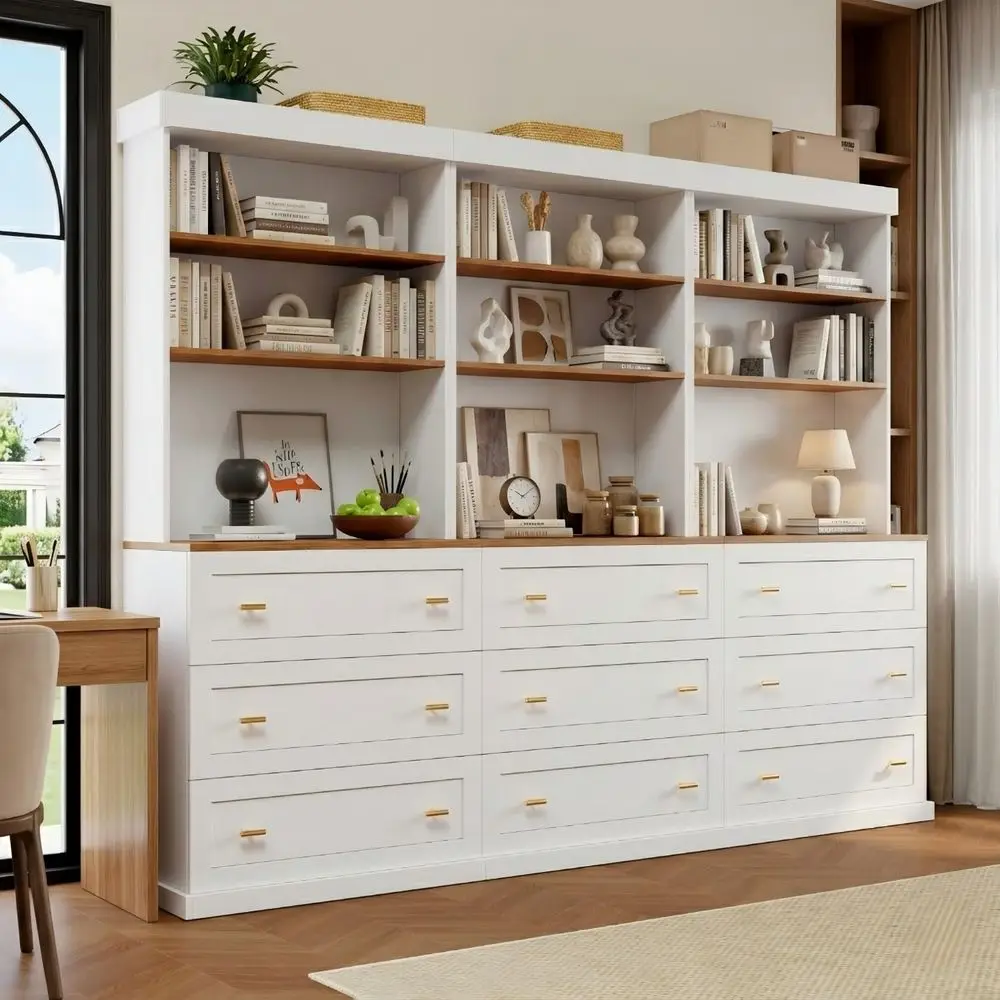 

Tall Farmhouse Bookshelf Ser of 3, White Wood Bookcase with Drawers, Adjustable Shelves and Open Display Storage, Freestanding