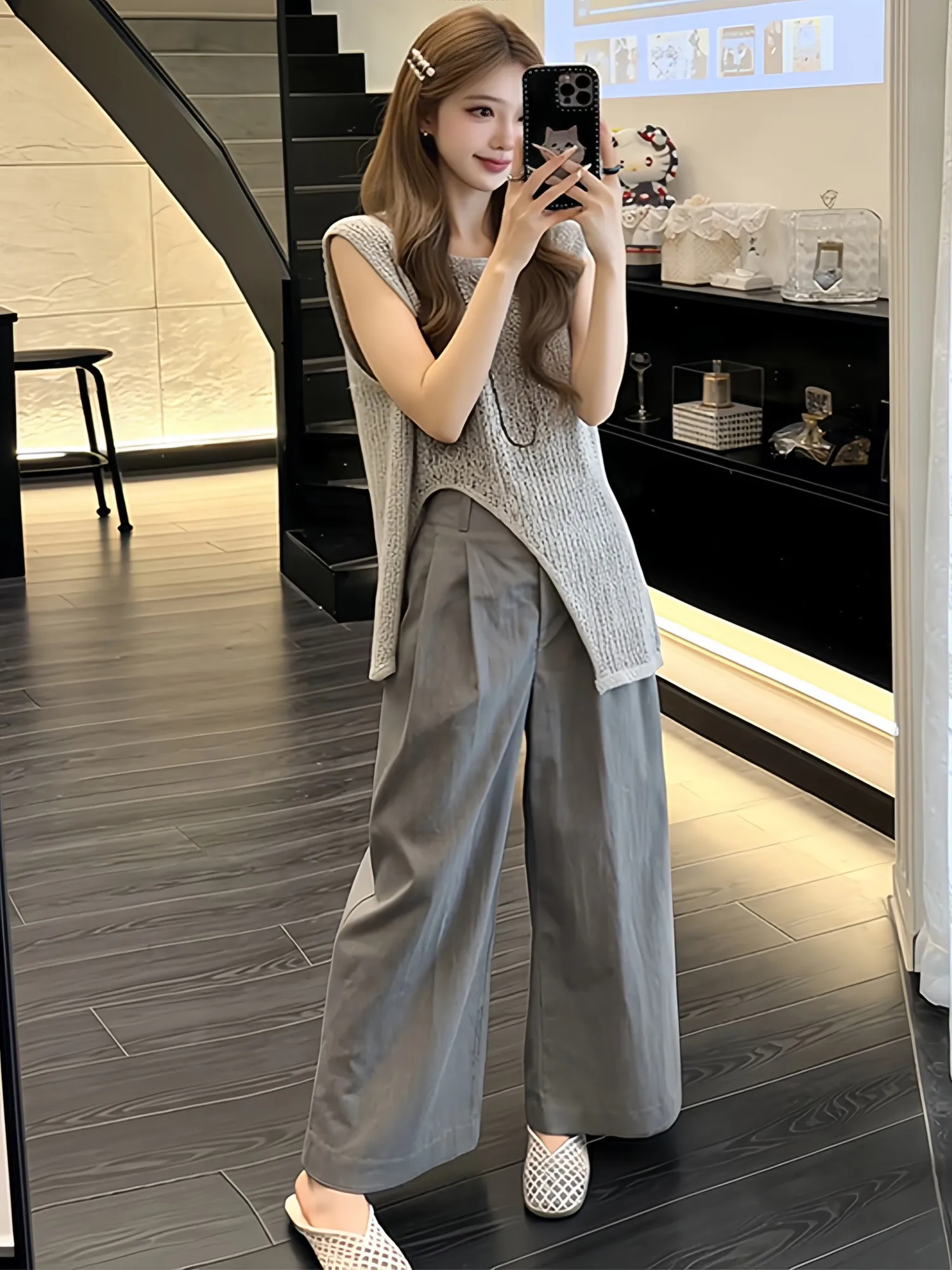 

Fashionable Hollow out Sleeveless Top And High Waist Wide Leg Casual Pants Women's Set Summer Leisure Wear Comfortable Fit