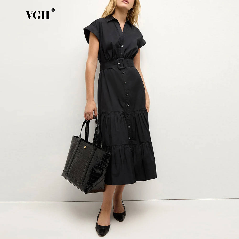 

VGH Elegant Social Events Black Tiered Dresses for Women Lapel Short Sleee Slimming Belted Waist A Line Dress for Office Commute