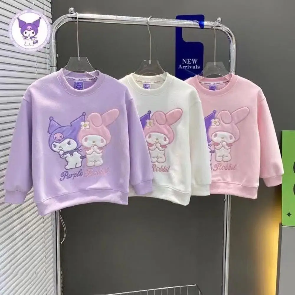 Sanrios My Melody Kuromi Girls Sweatshirt Anime Thermal Long Sleeve Top Casual Loose Thicken Autumn Winter Children's Clothing