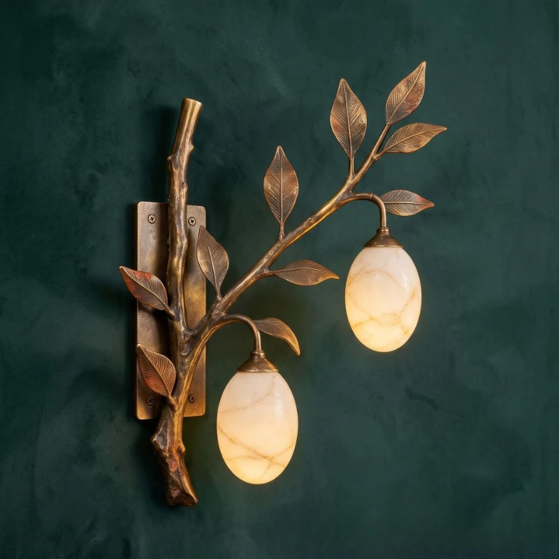 Retro copper branch marble wall lamp, leaf shape, bed and breakfast living room bedroom wall lamp