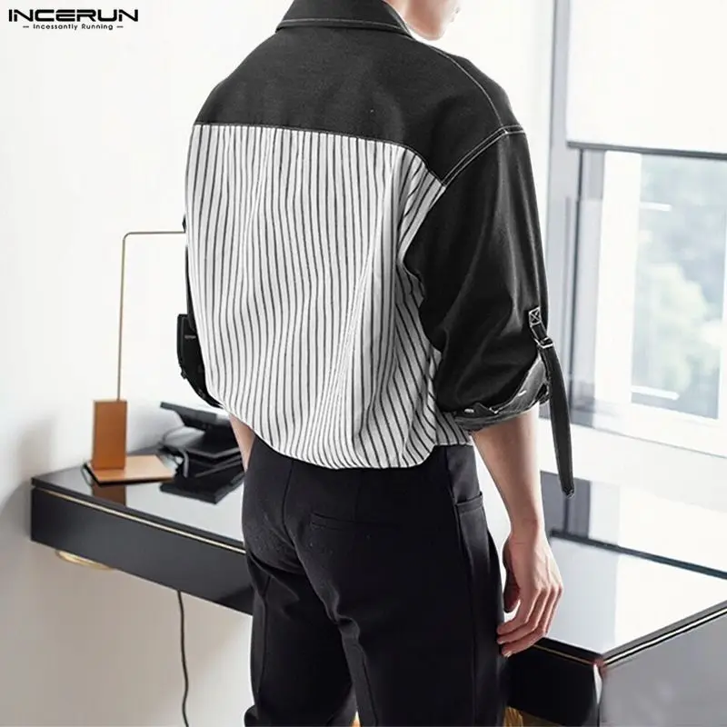 INCERUN الرجال قميص مخطط المرقعة اللون كتلة التلبيب كم طويل الرجال الملابس فضفاضة الشارع الشهير الكورية نمط بلوزات غير رسمية على الموضة