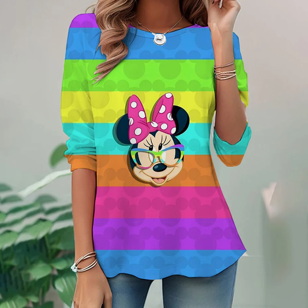 New Large Women's Long Sleeve Round Neck Waist Top T-shirt Disney Mickey Mouse Loose Casual Fashion Loose Women's Shirt