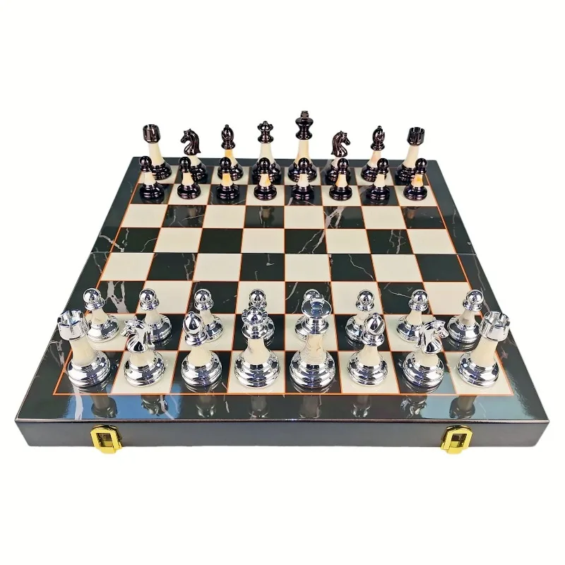 Luxury Wooden Chess Set with Elegant Marble-Pattern Board