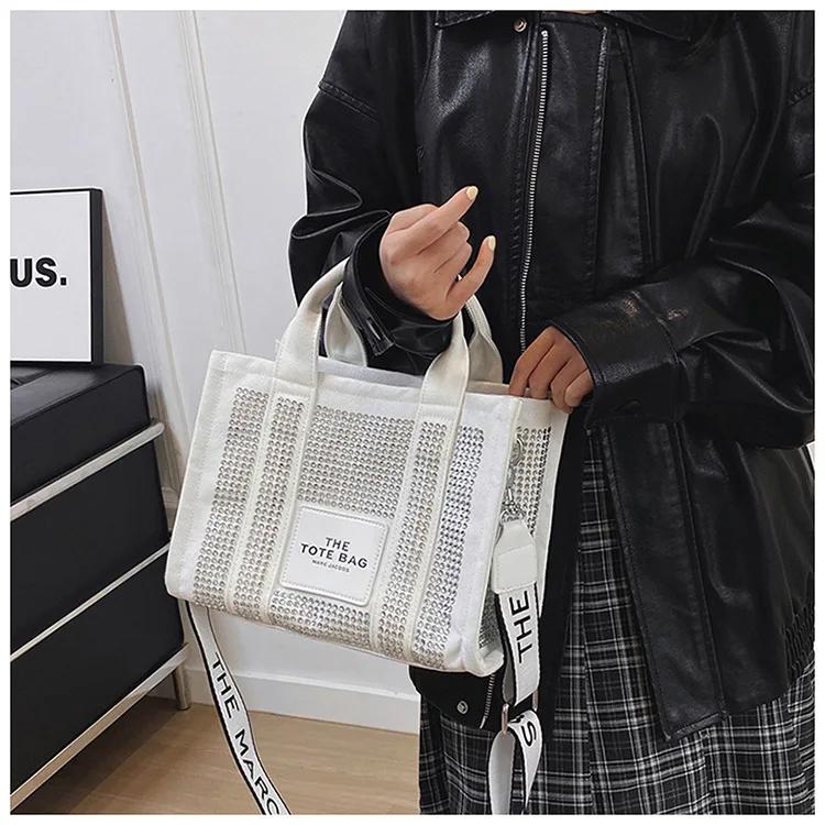 

Women's Large Tote Bag with Crystal Design, Canvas Crossbody Shopper, Multiway Work & Weekend Purse, New Sparkling Shoulder Bag