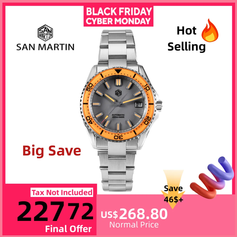 サンマーティン サファイアベゼル エナメルダイヤルNH35 メンズウォッチ スポーツ 3H 日付 20Bar 防水 BGW-X1 / オレンジ夜光腕時計 SN0129D