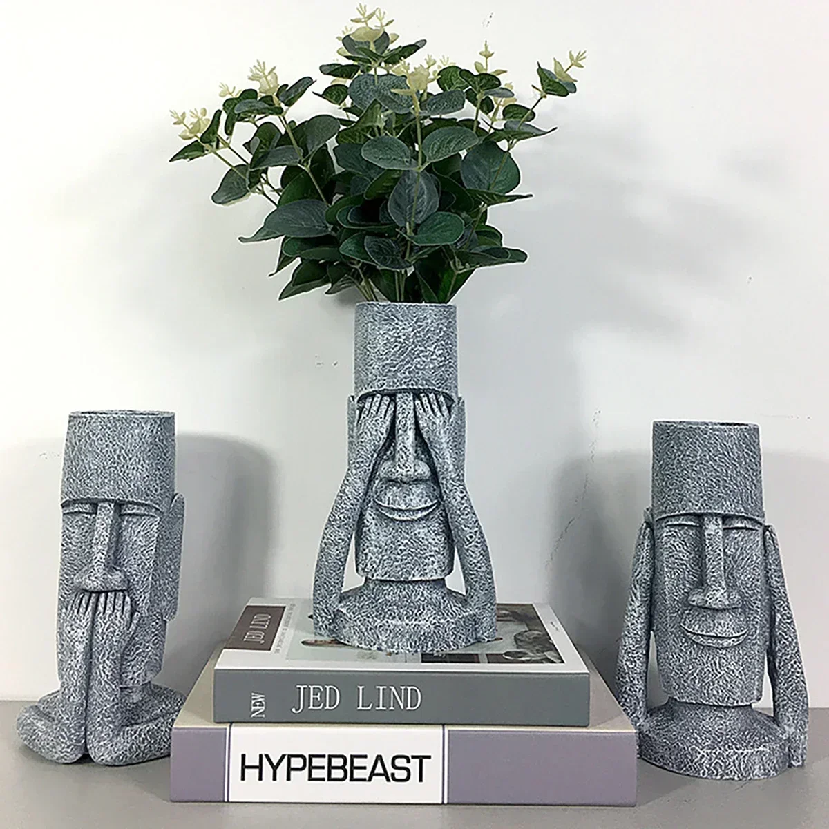 Creative Moai Statue Vase Easter Island Stone Statuary Simulation Flower Receptacle Resin Jardiniere Antique Home Decoration