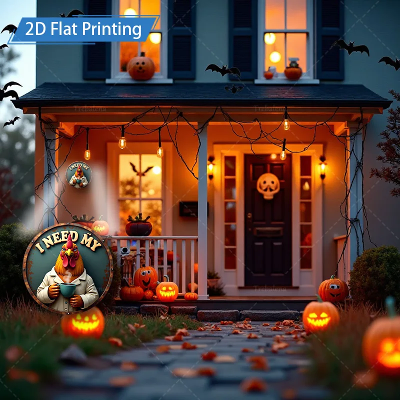 1 قطعة 8x8 بوصة علامة معدنية للهالوين علامة معدنية للدجاج "أنا بحاجة إلى قهوتي" فن جداري مزخرف