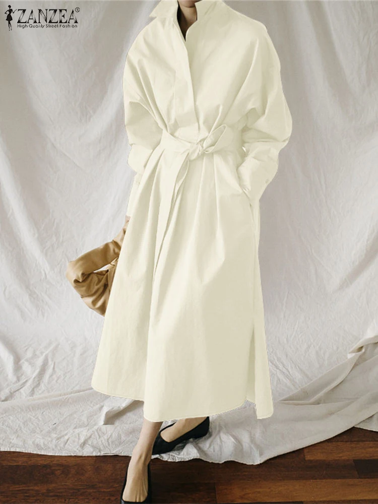 ZANZEA-Vestido camisero elegante de otoño para mujer, vestidos de oficina para mujer, Vestido veraniego elegante de manga larga con solapa, Vestido de trabajo OL liso con cinturón, 2025