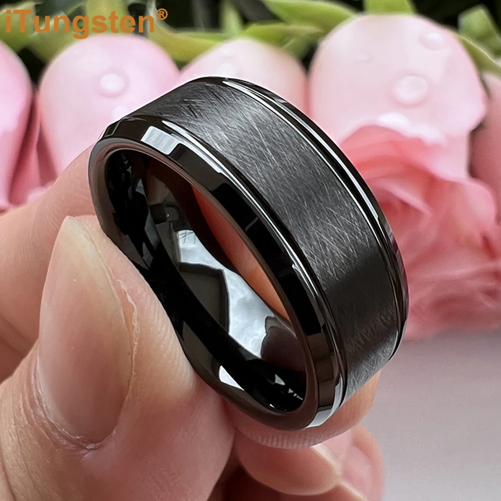 iTungsten 8mm Black Tungsten Carbide Ring for Men Women Trendy Engagement Wedding Band Beveled Edges Brushed Finish Comfort Fit