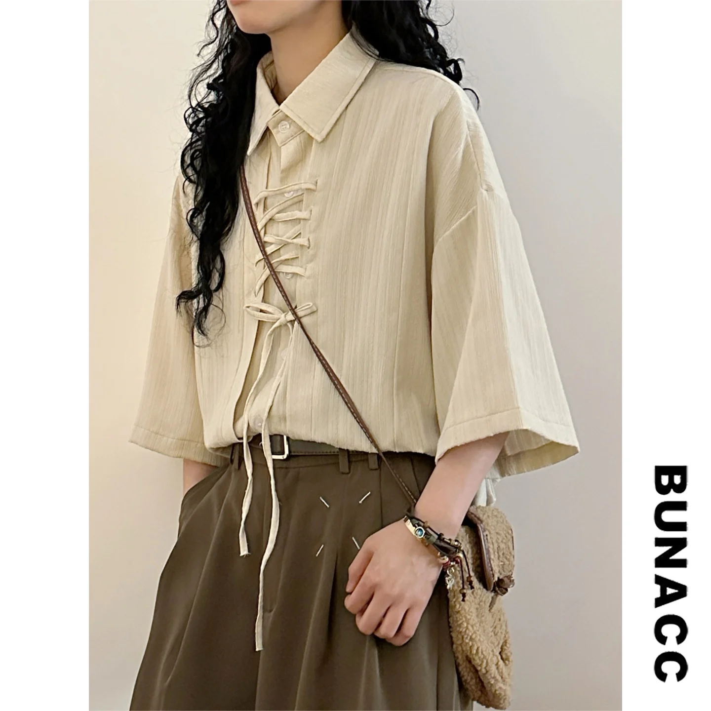 

Casual Stripe Texture Men's Short Sleeve Shirt Loose Fit Vintage Hong Kong Style Belted Summer BUNACC2026 Unisex Shirt