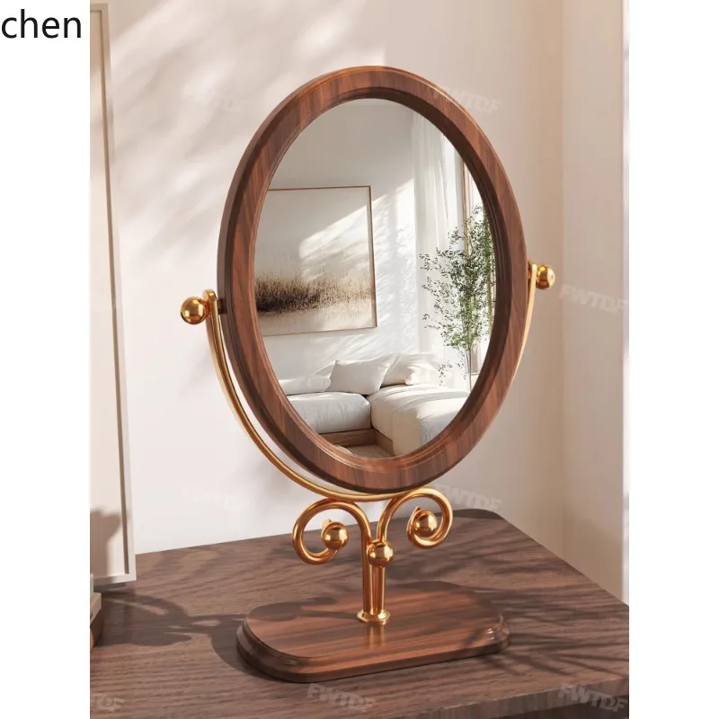 YFY  home solid wood makeup mirror - vanity mirror for girls' bedroom, desktop rotating mirror, large vintage style