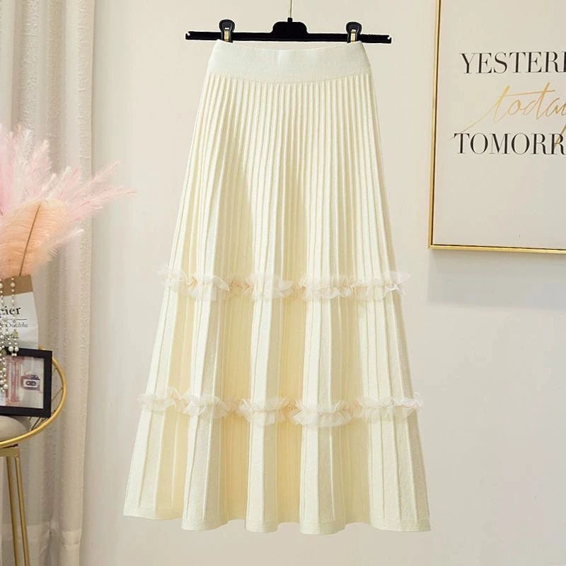 Pleated Skirt Women Autumn Winter High Waist Umbrella Skirt Covering Midi Knitted Skirt Mesh Stitching Luxury A- Line Skirt 2026