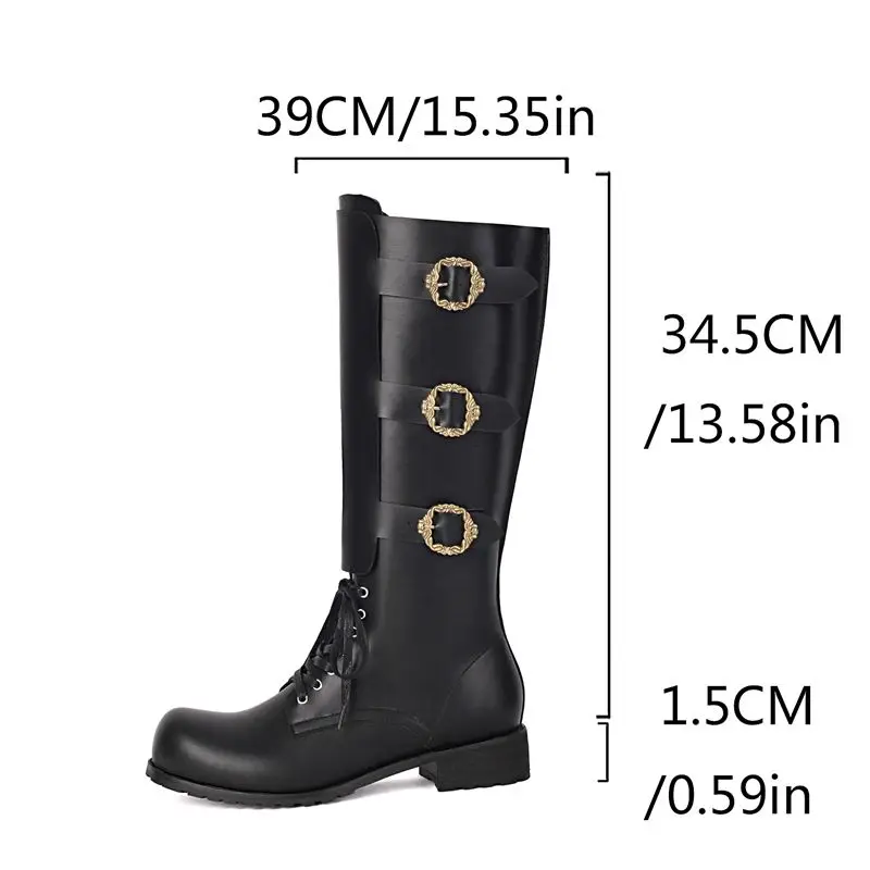 Steampunk Mittelalterliche Retro Motorradstiefel aus PU-Leder mit Schnalle, kniehohe Stiefel für Herren, Renaissance Cosplay, runde Zehenschuhe 2026 – Detail 2