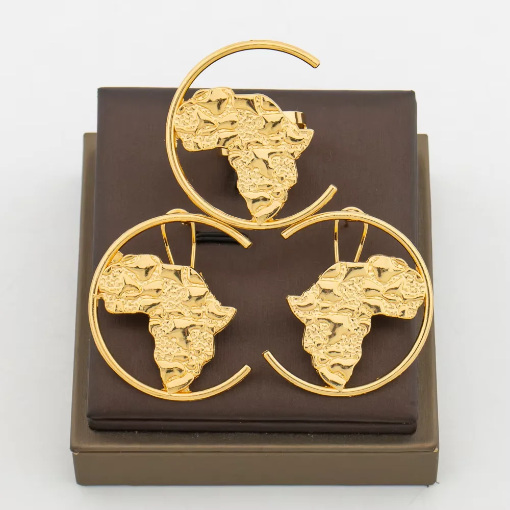 18K vergoldeter offener C-Creolen-Ohrring und Ring-Set mit 3D-geprägter Afrika-Karte, afrikanisches Ethno-Statement-Schmuckset, Party- und Hochzeitsgeschenk – Detail 1