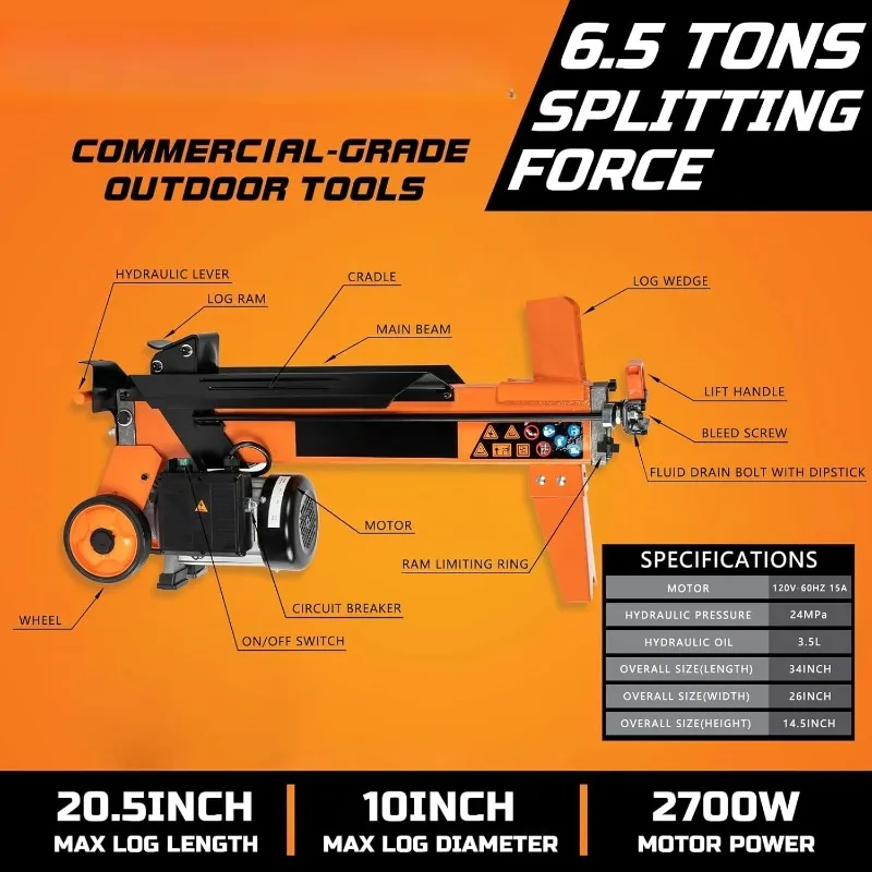 فاصل سجل 6.5 طن، فاصل خشب يعمل بالطاقة الكهربائية 15 أمبير، مع عشوائي هيدروليكي، آلة تقسيم الحطب الكهربائية، أفقي #3