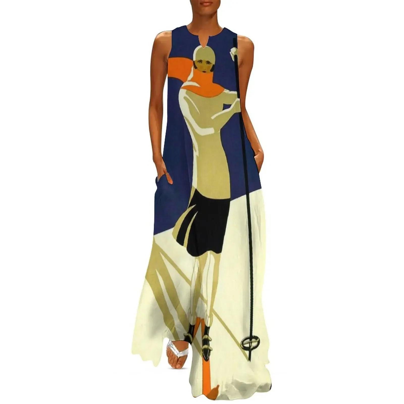 

Vintage French Swiss Ski sport poster, ski switzerland Long Dress Casual dresses Dress