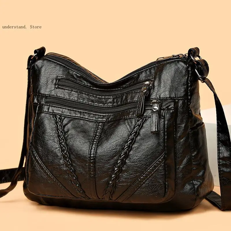 Washed Pu Leather Women's Bag Large Capacity Soft Leather Material Single Shoulder Diagonal Cross Multi-Layer Mother Bag