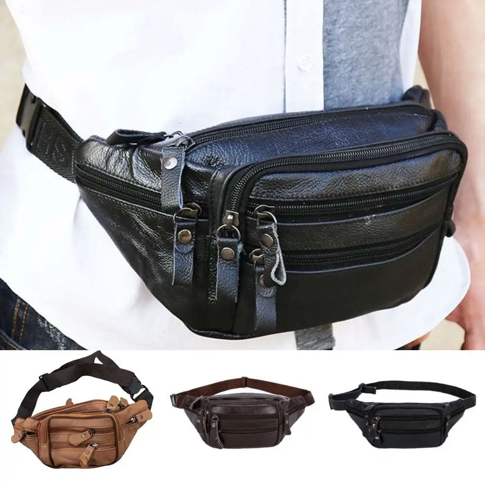 Solid Color Genuine Leather Fanny Bag Multi-layered Adjustable Buckle Strap Men's Chest Pouch Large Capacity Wear-resistant