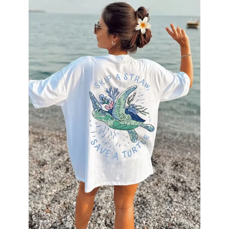 

Letter Sea Turtle Print T-Shirt Ocean Sea Turtle Coral Graphic Women's Oversized Crew Neck Casual Tee for Summer Daily Wear