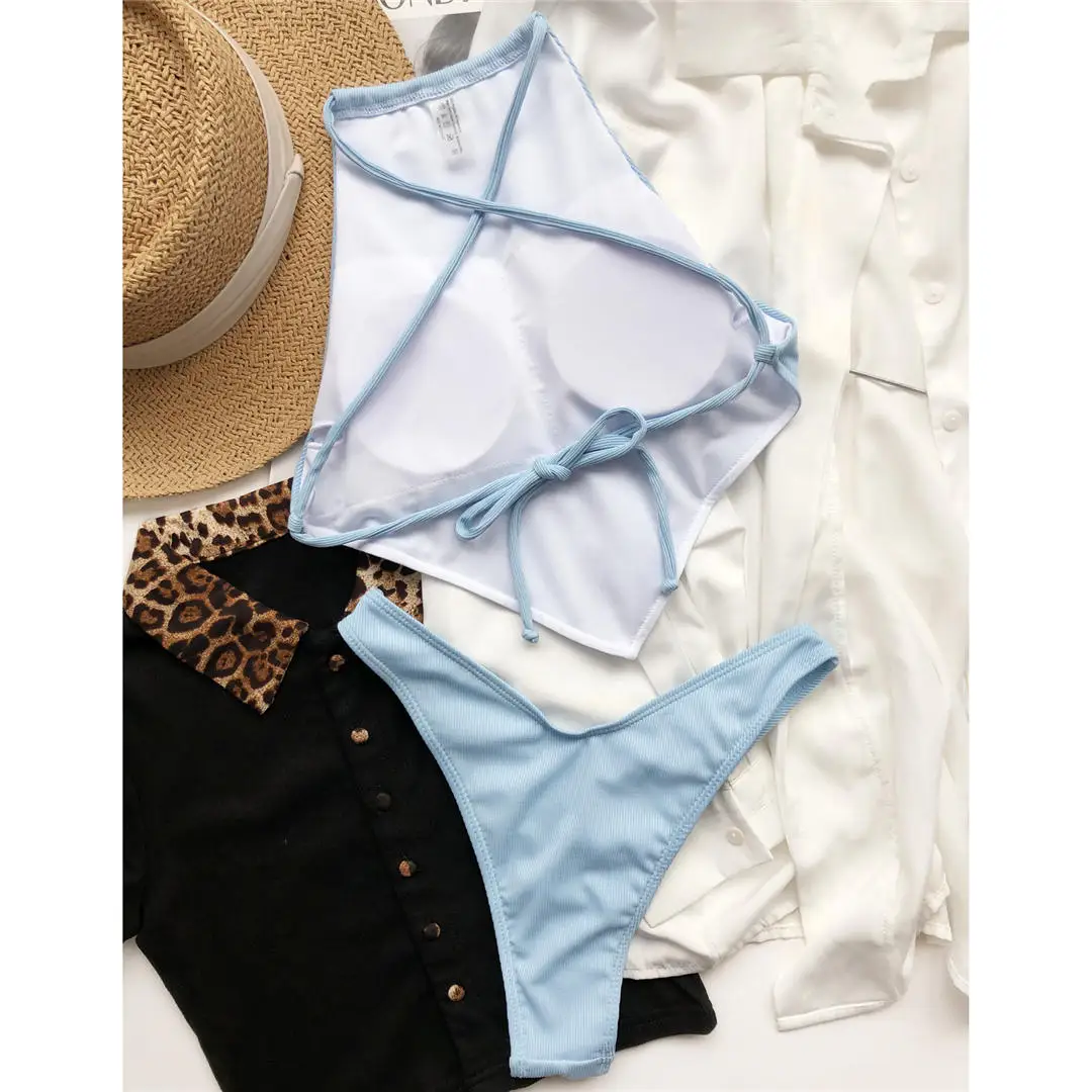 Hochgeschlossener Bikini mit überkreuztem Rücken und hohem Beinausschnitt, gerippt, Damen-Badeanzug, zweiteiliges Bikini-Set, Badebekleidung, Badeanzug, Modell V2878 – Detail 29