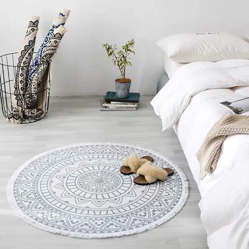 Nordic Ins Cotton and Linen Floor Mats Ethnic Style Circular R90cm Carpets Door Floor Mats Non Slip Bedrooms Bohemian Style Rugs