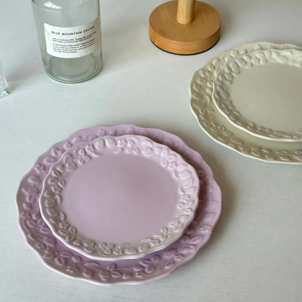 Plato de porcelana creativo estilo francés 3D relieve Floral vajilla de cerámica para el hogar pastel postre platos de fruta suministros de cocina