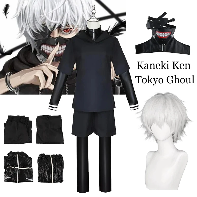 Аниме Токийский Гуль Канеки Кен Косплей Костюм Униформа Канеки Кен Одежда Маски Парик Толстовка Наряды Мужчины Женщины Костюмы на Хэллоуин