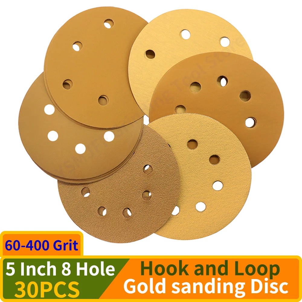 

30PCS 5 Inch 8 Hole Hook and Loop Sanding Discs 60-400 Grit Random Orbit Gold Sandpaper for Metal Polishing Automotive Sanding