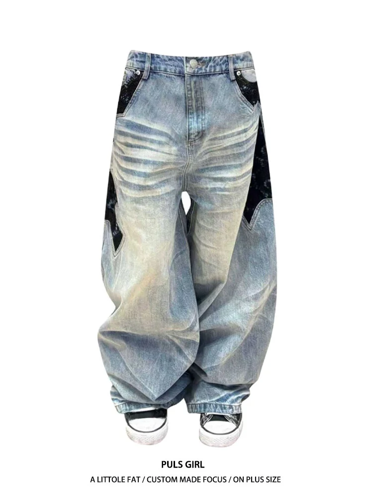 

Ретро-джинсы американского стиля больших размеров для женщин: с высокой талией, кружевными вставками, эффектом потертости, свободного кроя, широкие штанины, длинные брюки