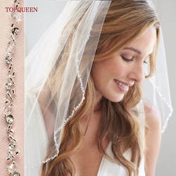 TOPQUEEN V155 Bridal Veil Rhinestone Edge Wedding Veils with Crystal Beaded Soft 1 Tier Accessories for Wedding Dress Silver