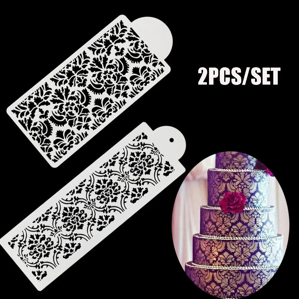 2PCS Plastic Baking Mould Sugarcraft Cake Decorating Tool Fondant Mold Cake Damask Lace Border Cupcake Stencil