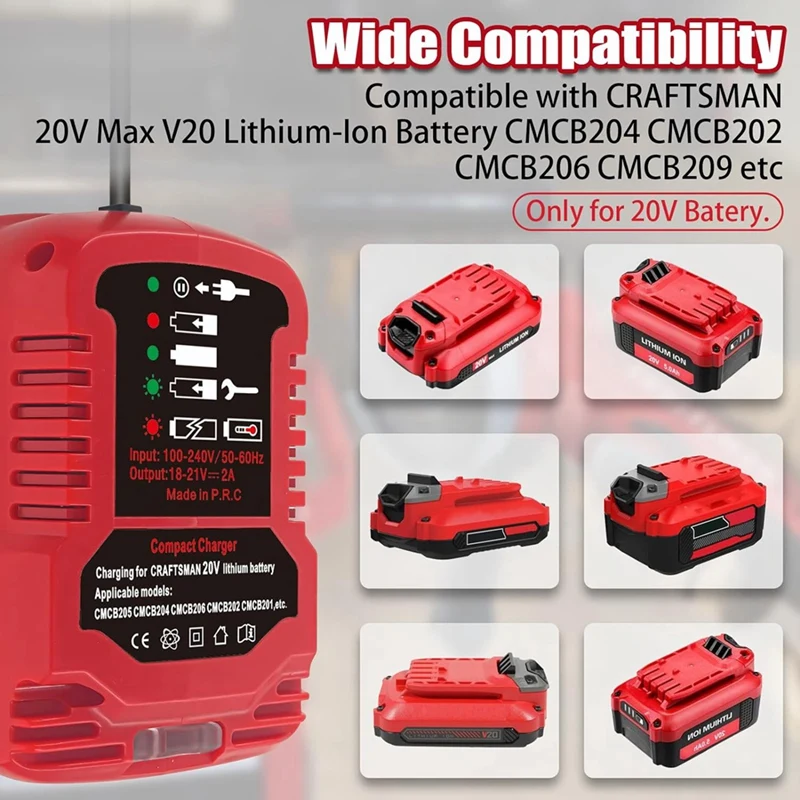 Battery Charger For Craftsman V20 20V Max Lithium Battery Mini Charger For CMCB202 CMCB204 CMCB206 CMCB104 Easy Install US Plug