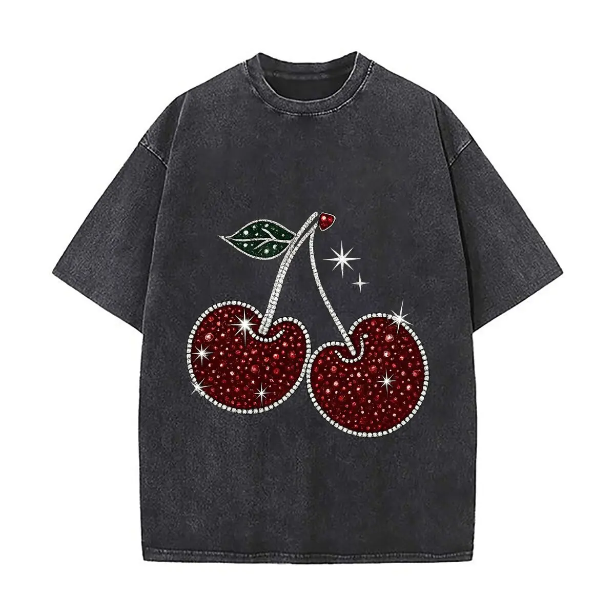 Cherry Print Casual Vintage Distressed Loose Streetwear Tops for Campus Days